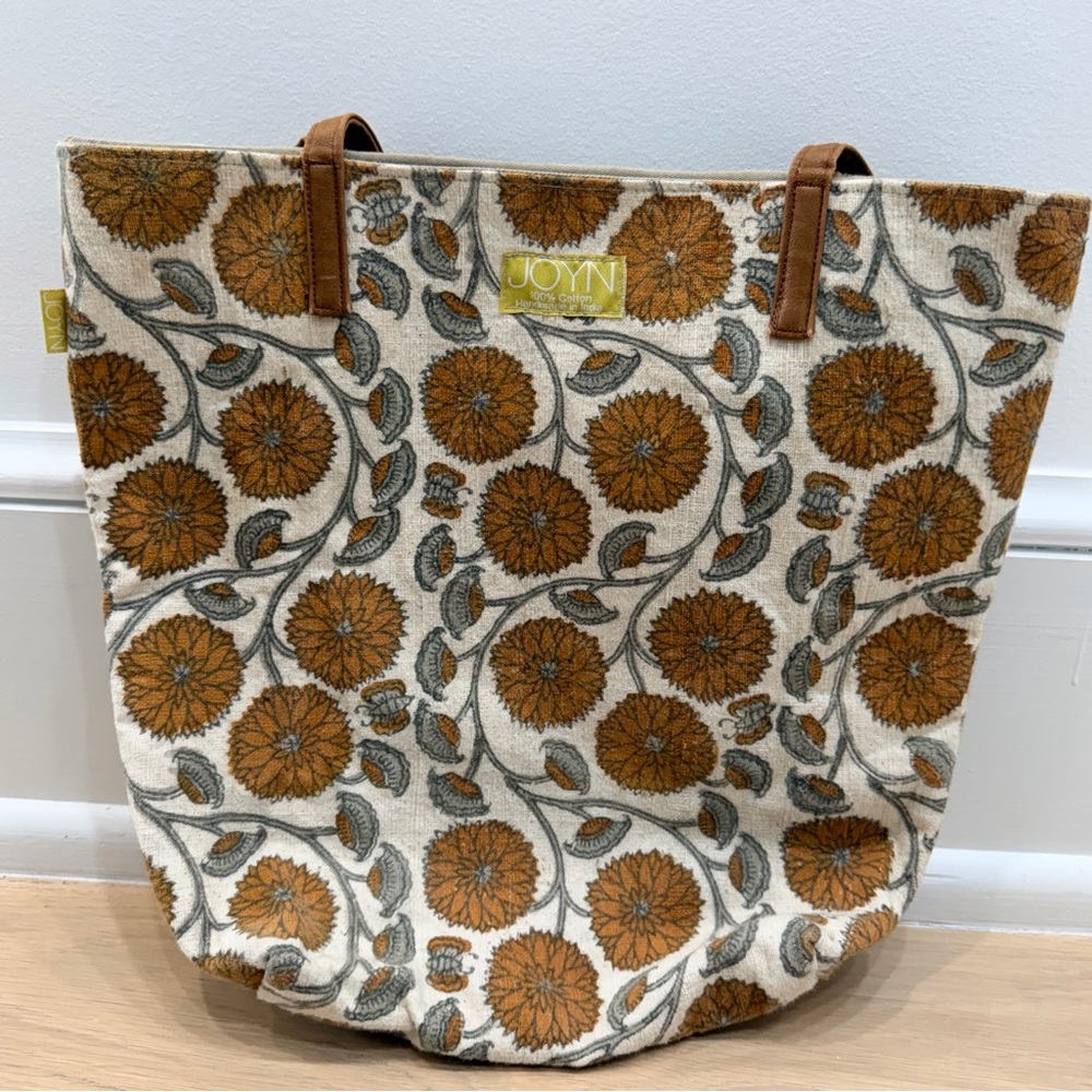 JOYN Floral Tote Bag + Wristlet Set Boho Cotton Leather Trim India EUC